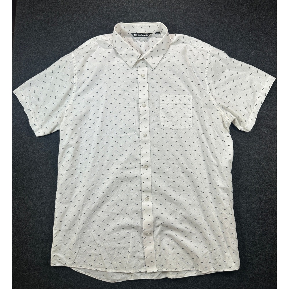 TravisMathew Mens XXL White Blue Geometric Print Short Sleeve Button Down Shirt